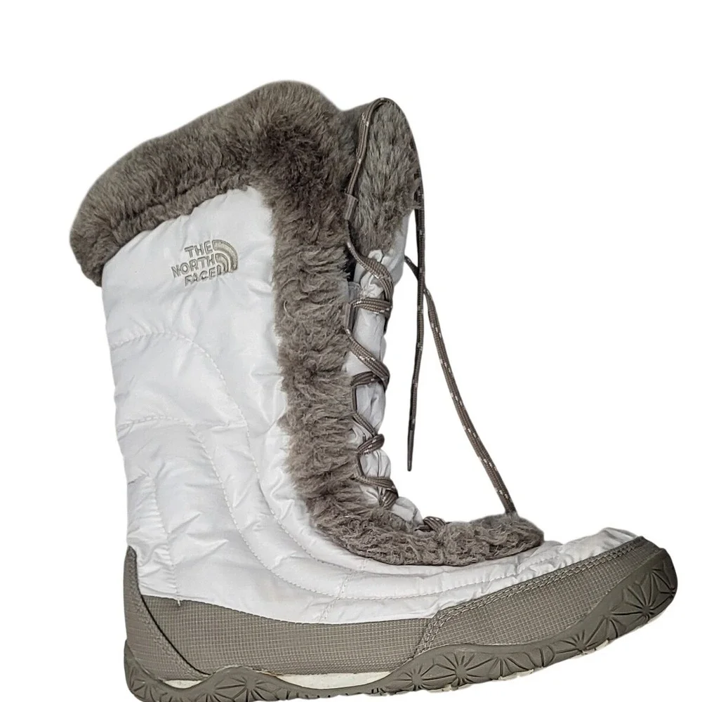 The North Face Beige Faux Fur Winter Boots Goose Down Fill Quilted Womens 7.5